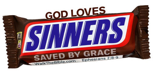 SNICKERS = SINNERS = Christian Candy Wrapper Shirt Sign = WalkTheBible.com Gospel Gang - v20251022 333